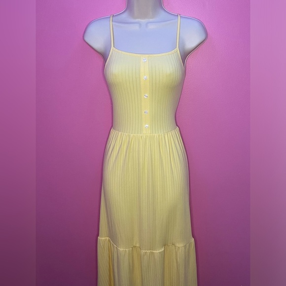 Ribbed Tank Midi Dress – Adjustable Straps – Flowy Dress - Yellow - Size Large - Picture 2 of 4